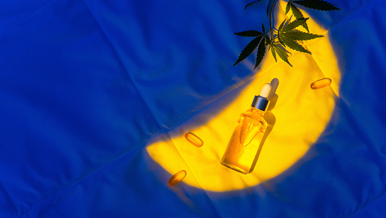 CBD oil tincture and marijuana leaf to improve sleep