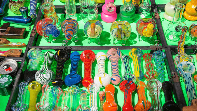 Various types of glass smoking pipes for marijuana.