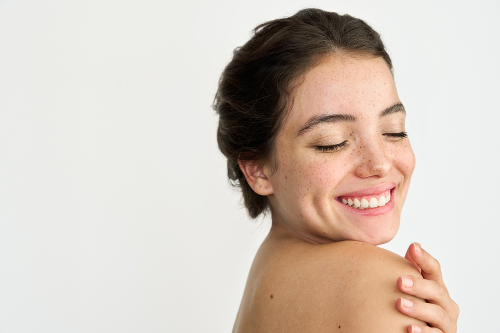 Aesthetic beauty portrait of Latin girl on white background