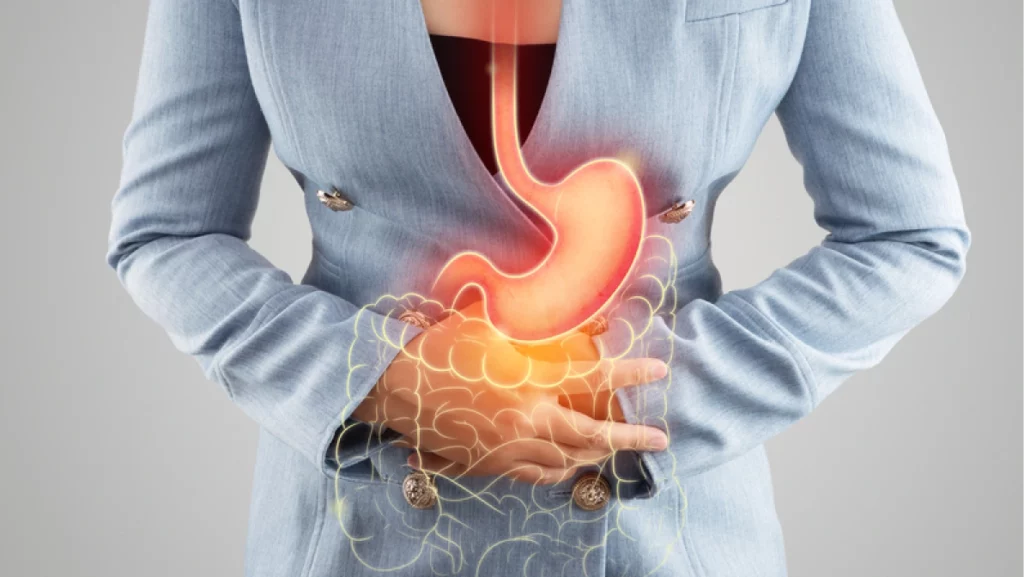 The illustration of stomach and large intestine is on the woman's body against gray background. Acid reflux. Female anatomy