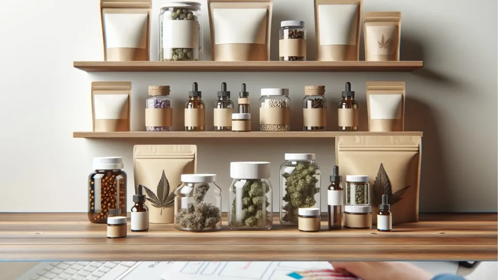 Advertising - product photo of different aphotecary cbd medicines trasluscent jars and kraft bags on a shelf white backgound